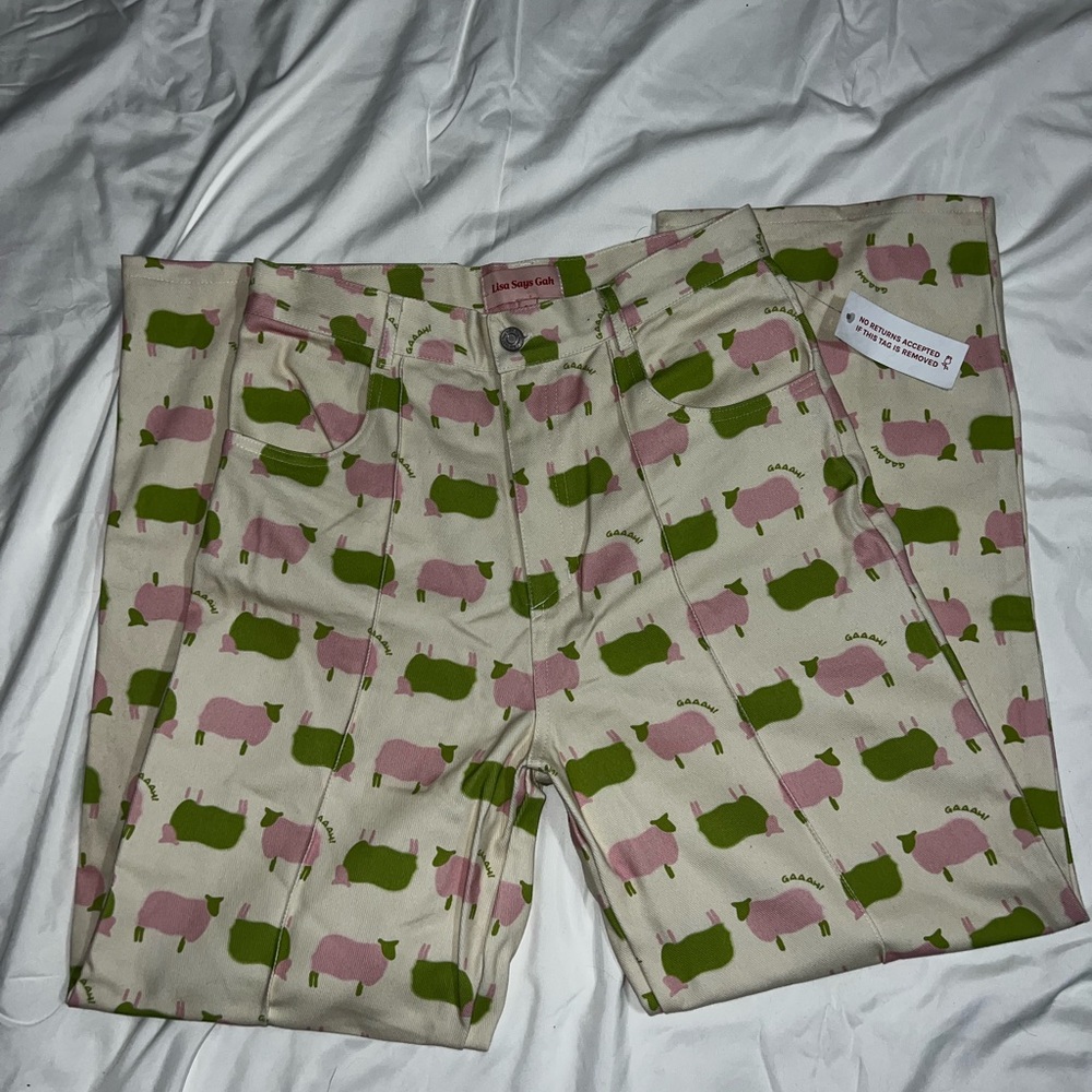 Lisa Says Gah Cream Pants with Pink and Green Whale Print